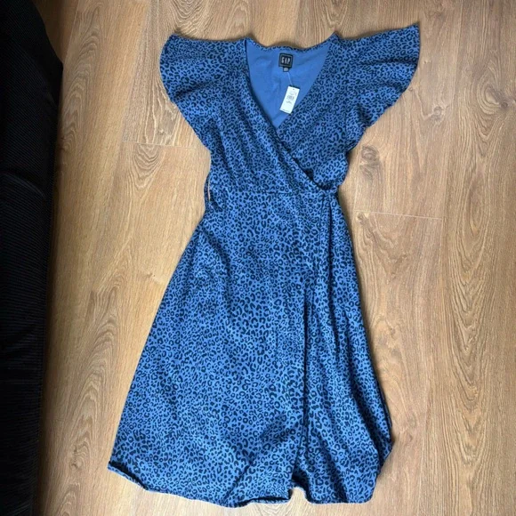 NWT GAP Blue Leopard Print Midi Dress XS Petite - Picture 3 of 7